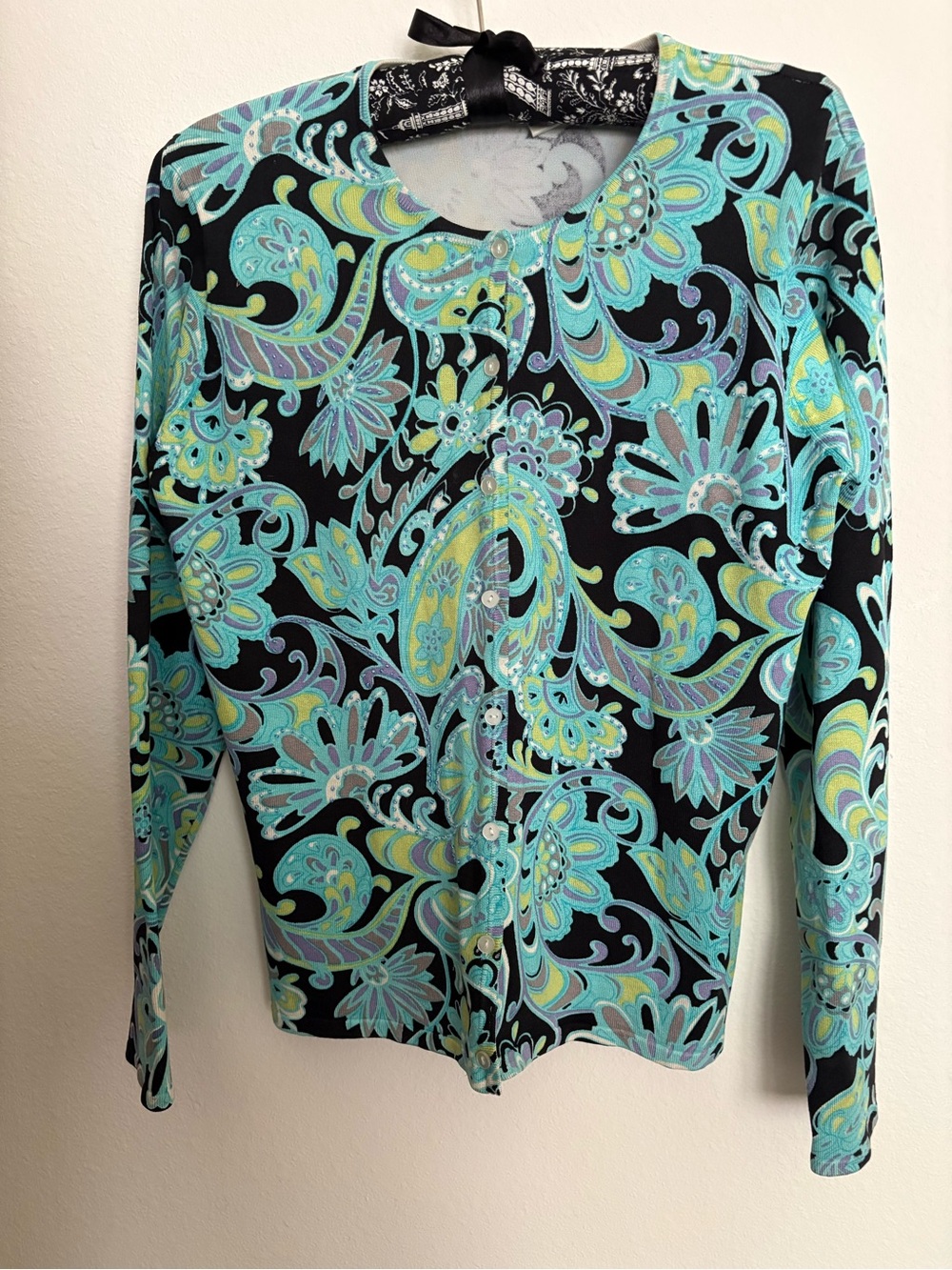 Rafael Vintage Silk Blend Paisley Cardigan Sweater Blouse Petite Small PS Teal